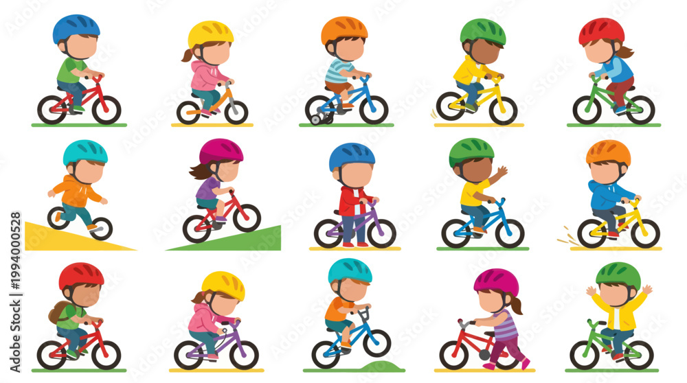 Fototapeta premium Diverse Flat Style Cartoon Children Riding Bicycles with Helmets for Kids Safety