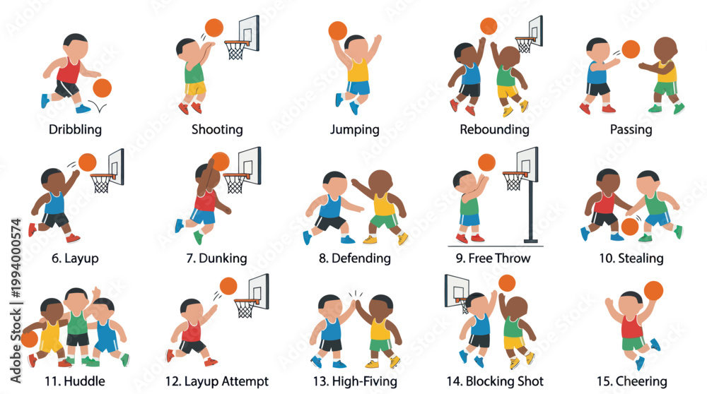 Fototapeta premium Kids Playing Basketball Actions Icons: Dribbling, Shooting, Layup, Cheering
