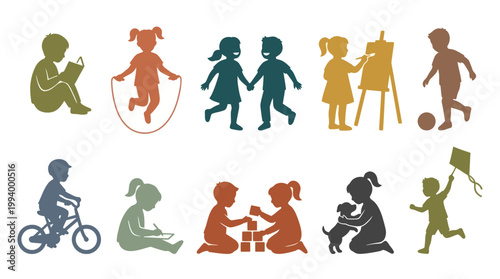 Kids playing icons: children activities, sports, and art, vector silhouettes