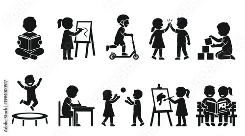 Childhood Activities Glyph Icon Set for Kids Education, Play  Development