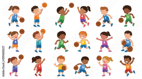 Diverse Kids Playing Basketball Flat Vector Illustration Set for Sports and Childhood