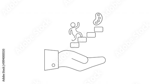 Hand holding stairs with person climbing towards success and money icon.