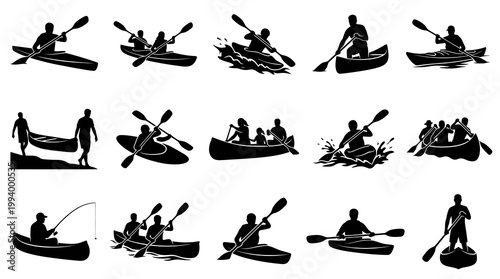 Black and white vector icons of people kayaking and canoeing