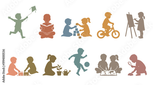 Children activities silhouettes: playing, reading, cycling, painting, gardening, learning