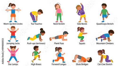 Children Doing Exercises: Flat Vector Illustration for Kids Fitness