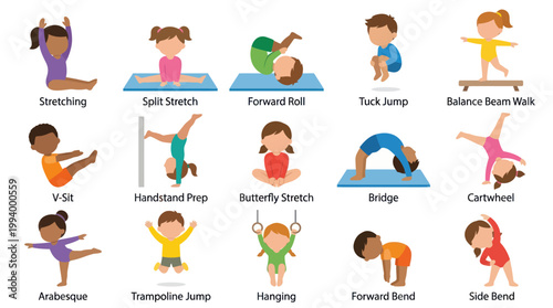 Gymnastics Exercise Illustrations for Kids: Flat Style Vector Art