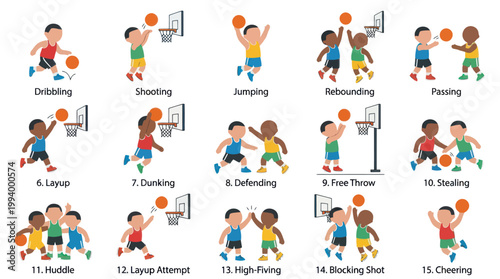 Kids Playing Basketball Actions Icons: Dribbling, Shooting, Layup, Cheering