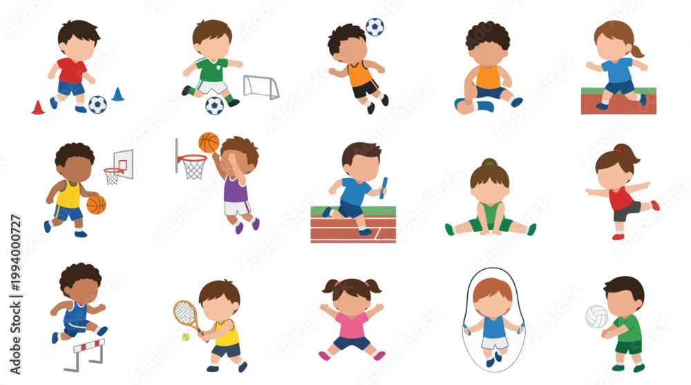 Fototapeta premium Kids Sports Activities Vector Set - Flat Design Children Exercising