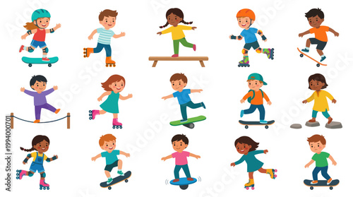 Active Kids Playing Sports Games Flat Vector Illustration. Children Skateboarding, Roller Skating, Balance.