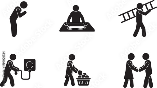 Set of black silhouette icons showing people performing daily activities