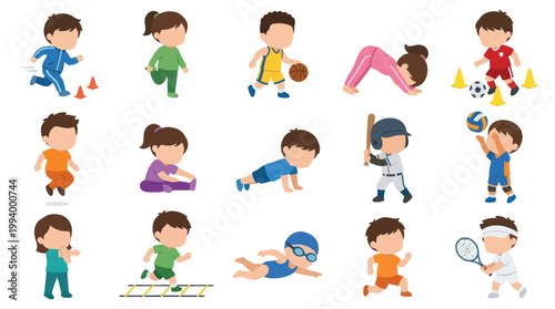 Children Playing Sports and Exercising, Flat Illustration Style