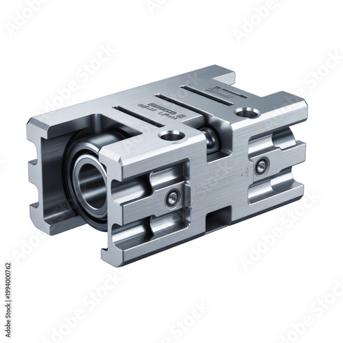 Silver industrial linear bearing block with internal ball bearing on a pristine white surface