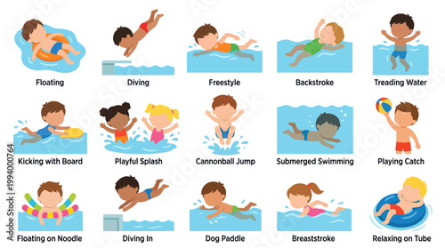 Flat Style Kids Swimming Activities Collection, Water Fun Icons