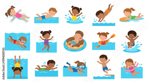 Flat Art Illustration of Diverse Kids Enjoying Swimming Activities