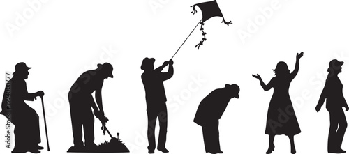 Set of diverse people silhouettes performing daily leisure activities and hobbies