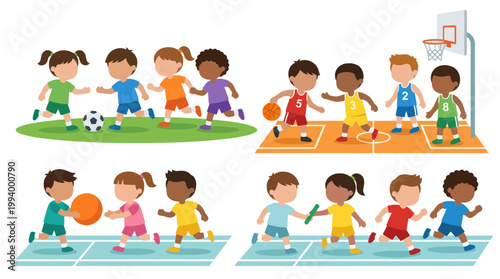 Diverse Kids Playing Sports Flat Vector Illustration. Childhood Education  Recreation.