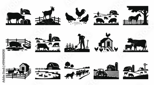 Farm Animals and Buildings Black and White Vector Icons Set
