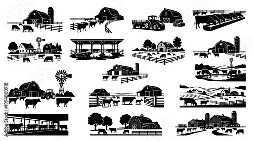 Black and White Farm Barns and Animals Silhouette Vector Art