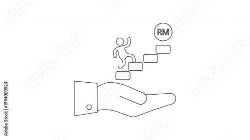 Hand holding stairs with person climbing towards RM coin symbolizing financial growth.