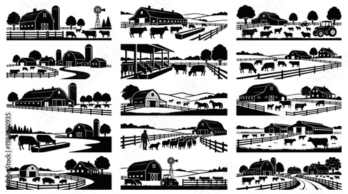 Black and White Farm Barns, Animals, and Rural Scenery Vector Silhouettes