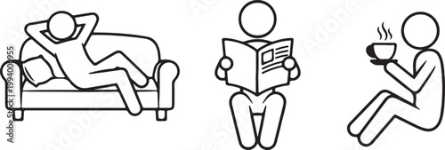 Set of stick figure icons depicting daily leisure activities and relaxation