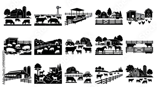 Farm Icon Set: Black and White Vector Illustrations of Rural Life and Animals