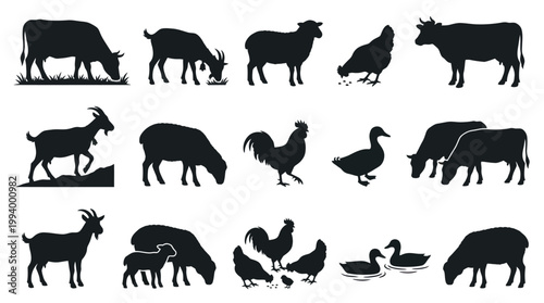 Farm Animals Silhouettes: Cow, Goat, Sheep, Rooster, Duck Icon Set