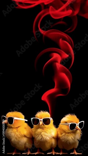 ひよこ三羽とサングラスが下部配置で映える赤煙と炎の黒背景縦動画素材