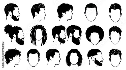 Black and White Line Art of Various Men's Hairstyles and Beards