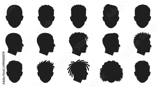 Black Silhouette Head Hairstyles Icons Set Vector