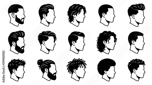 Black and White Line Art Icons of Diverse Male Hairstyles and Beards