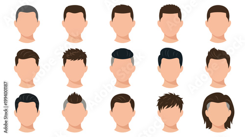 Diverse Male Hairstyles Flat Vector Icons Collection