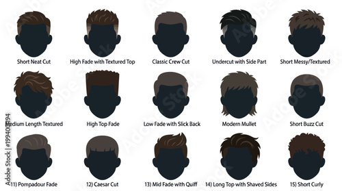 Mens Haircut Styles Chart - Flat Vector Icons with Labels