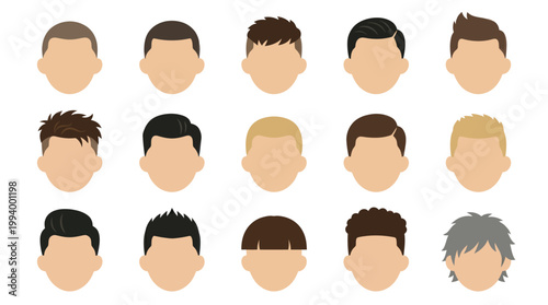Flat Design Icons: Diverse Male Hairstyles and Haircuts Collection
