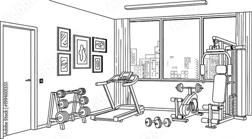 Sketch of a home gym interior with exercise equipment and wall decor