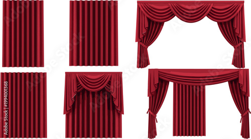 Red stage curtains set with different styles isolated on white background
