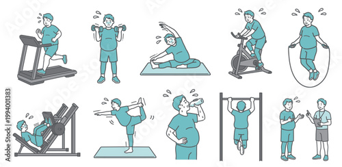 様々な運動を辛そうにするぽっちゃり成人男性の10点セットイラスト