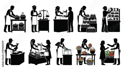 Black and White Market Stall Vendors with Produce and Goods - Vector Icons