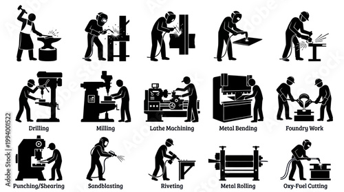 Industrial Metalworking Manufacturing Processes Black  White Glyph Icons Set
