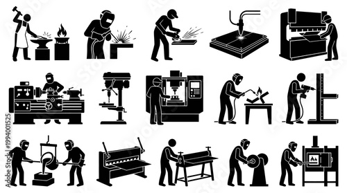 Industrial Metalworking Workers and Manufacturing Machinery Processes Silhouette Glyph Icons Set