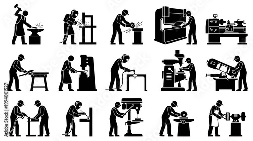 Black and White Icons of Metalworkers and Industrial Machinery
