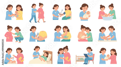 Medical illustration of pregnancy, childbirth, and newborn care, flat design