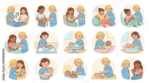 Flat Style Medical Icons: Pregnancy, Birth, and Newborn Care