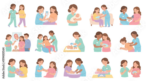 Medical Maternity Care Flat Vector Illustrations: Pregnancy, Childbirth, Postnatal Support