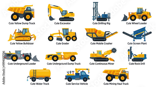 Cute Flat Design Construction and Mining Heavy Machinery Vector Set Icons