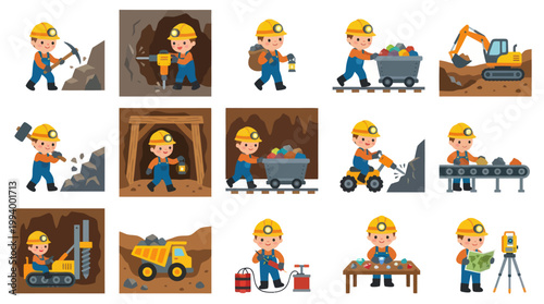 Miner at work in mine, cartoon style, vector illustration