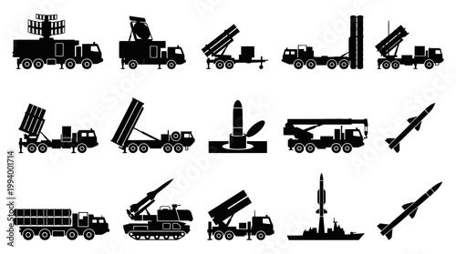 Black  White Silhouettes of Military Missile Systems and Radar Trucks