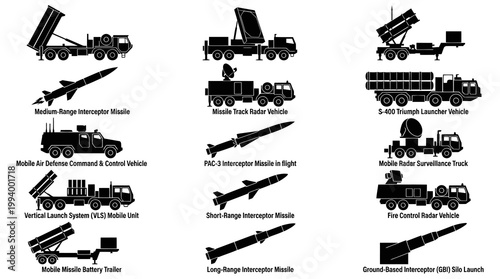 Military Air Defense Systems Vector Icons: Missiles, Radars, Launchers