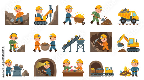 Mining Industry Cartoon Characters and Equipment - Flat Vector Art