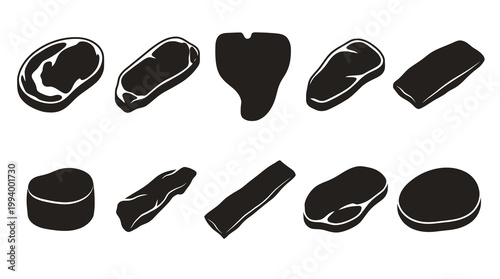 Food Industry Monochromatic Glyph Icons: Various Meat Cuts  Steaks Set